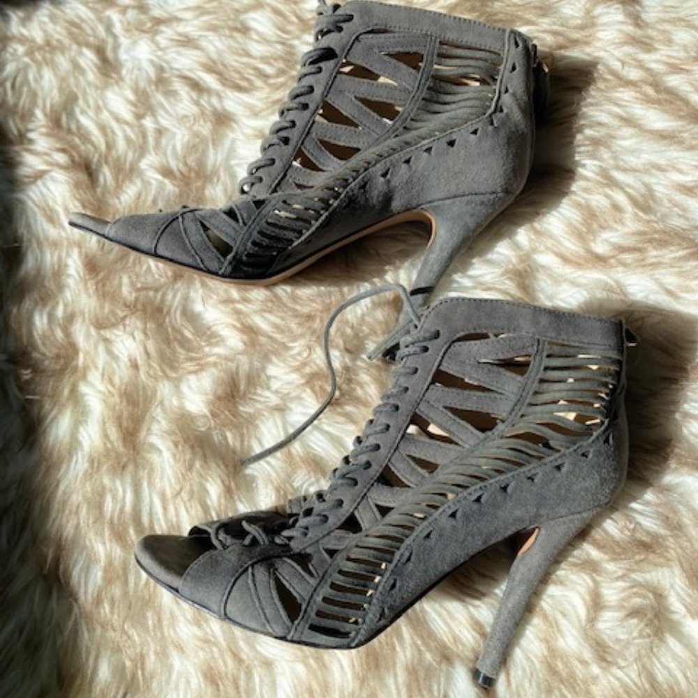 Nine West Gray Suede Peep Toe Heels w/ Edgework Details